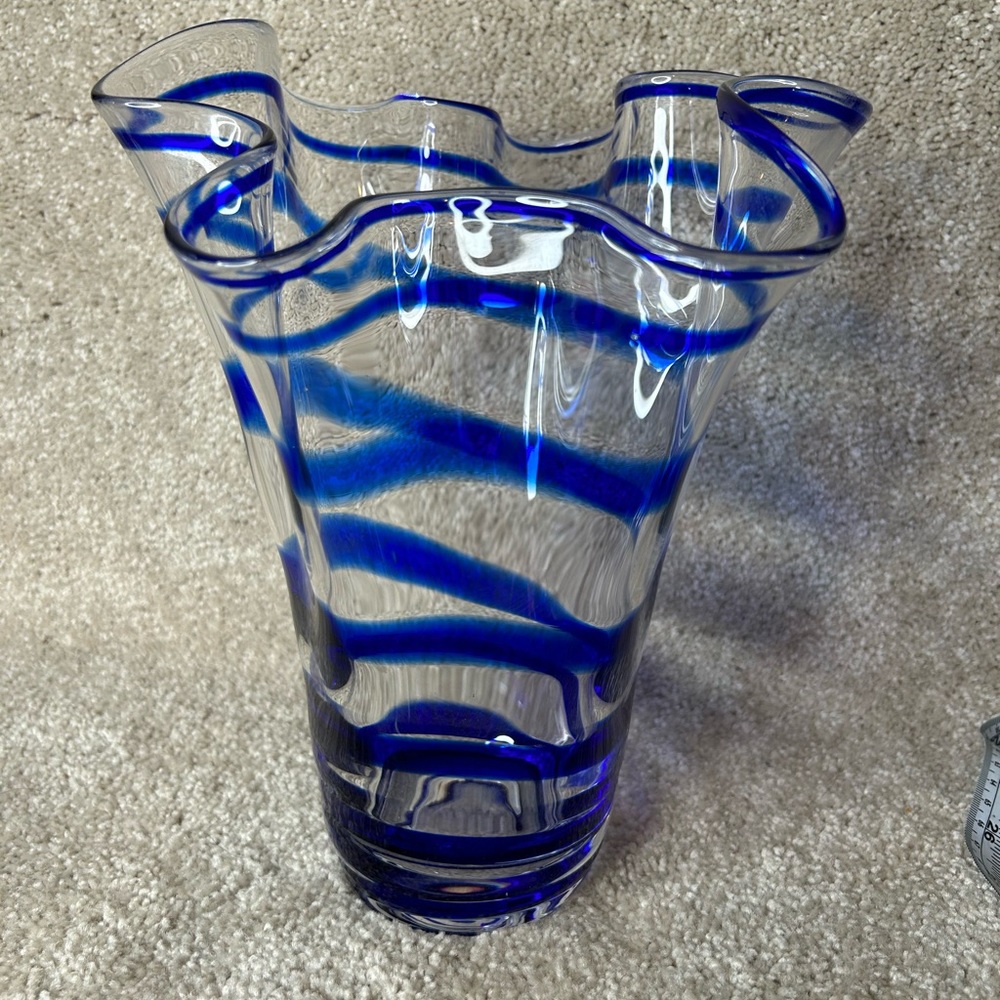 Glass blown art glass cobalt striped handkerchief vase